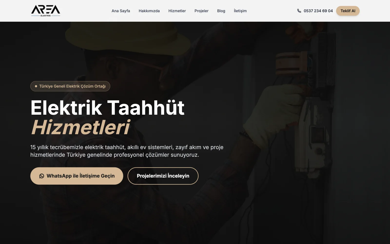 Area Elektrik web sitesinin ana sayfası (areaelektrik.com)