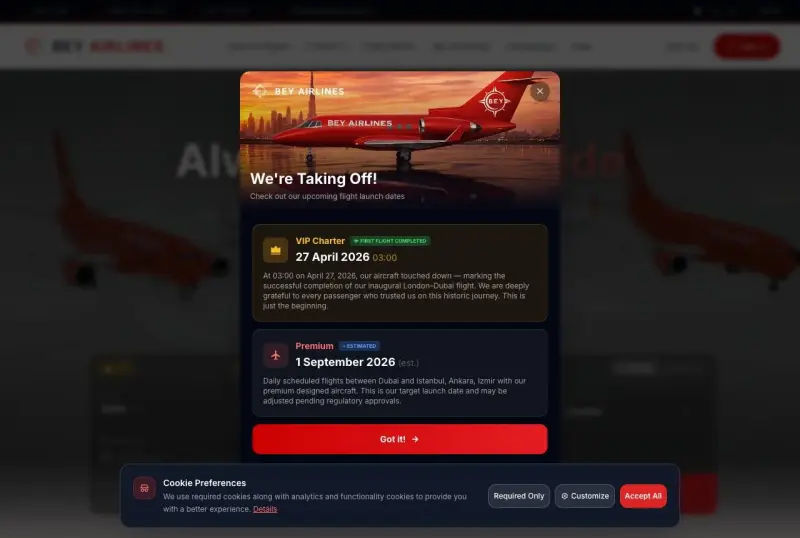 Bey Airlines web sitesinin ana sayfası (beyairlines.com.tr)