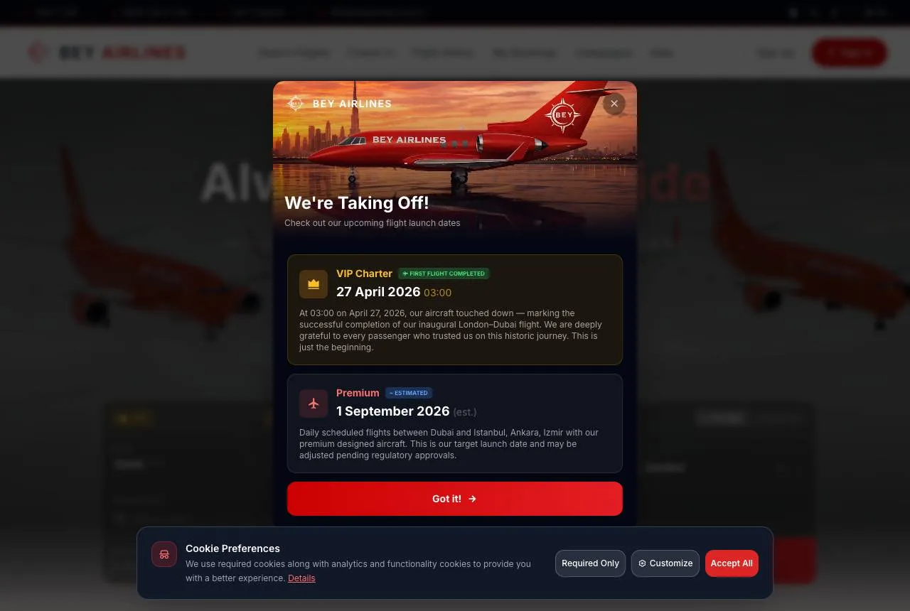 Bey Airlines web sitesinin ana sayfası (beyairlines.com.tr)
