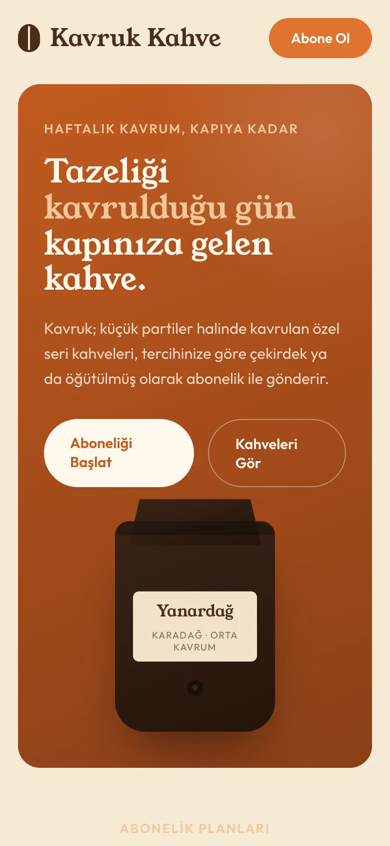 Kavruk Kahve konsept çalışması: mobil ana sayfa