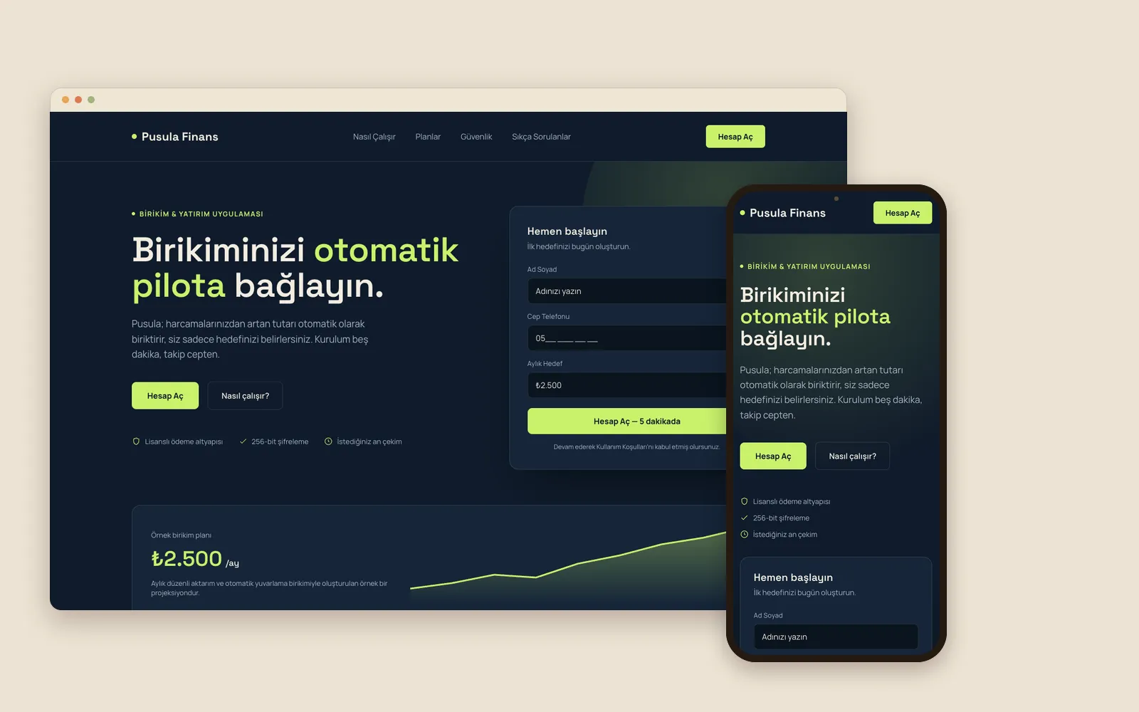 Pusula Finans konsept çalışması: masaüstü ve mobil ekran sunumu