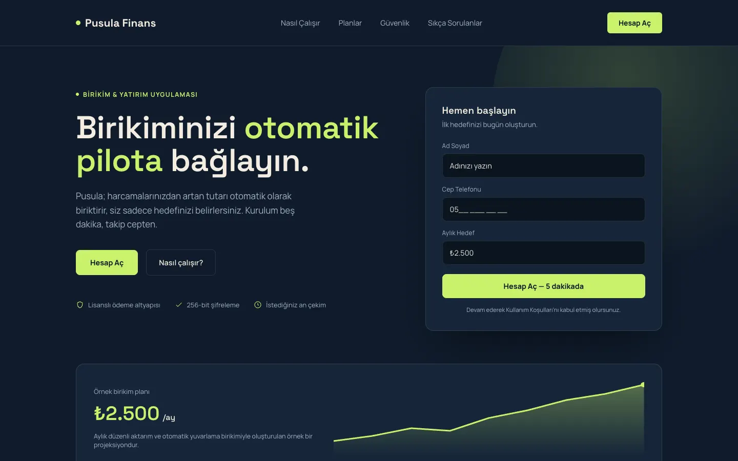 Pusula Finans konsept çalışması: masaüstü ana sayfa ilk ekranı