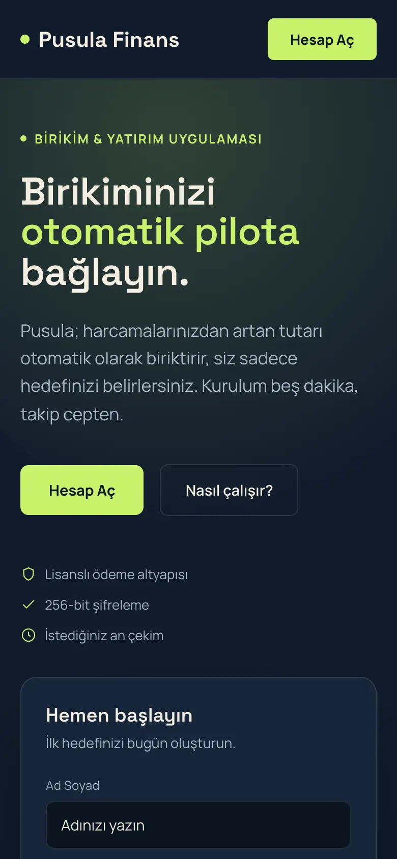 Pusula Finans konsept çalışması: mobil ana sayfa